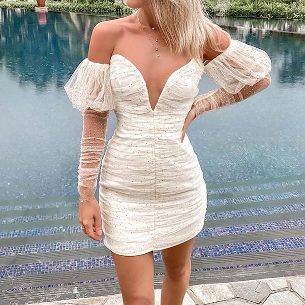 deep v off-the-shoulder party dress pleated mesh mini strapless dresses for women bodycon dress voile draped sneath, Black;gray